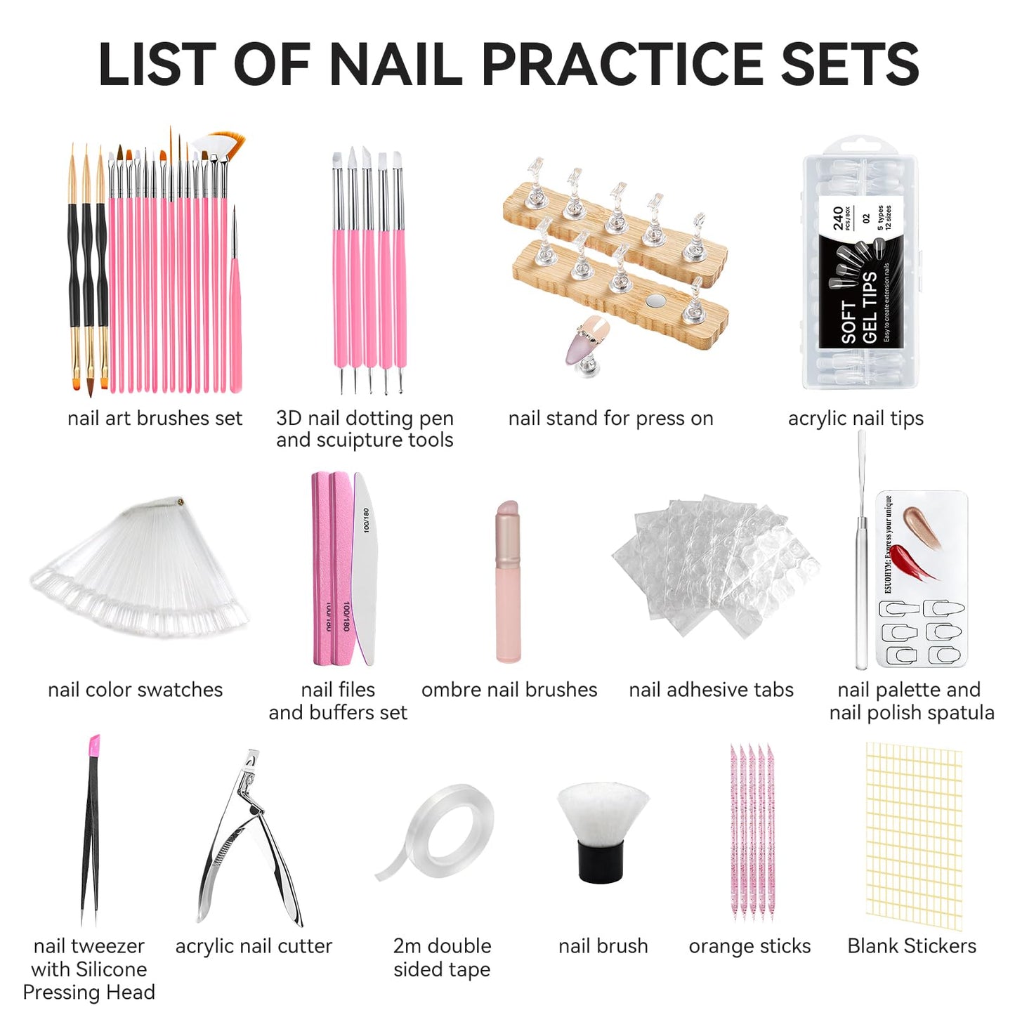ESUOHYM Acrylic Fake Nails Kit Press On Nail kit with 240PS Clear Nail Tips,Nail Art Stand,Art Brushes,Swatch Sticks,Acrylic Cutter,Nail Art Tools with Everything for Beginners DIY Nails Home Salon