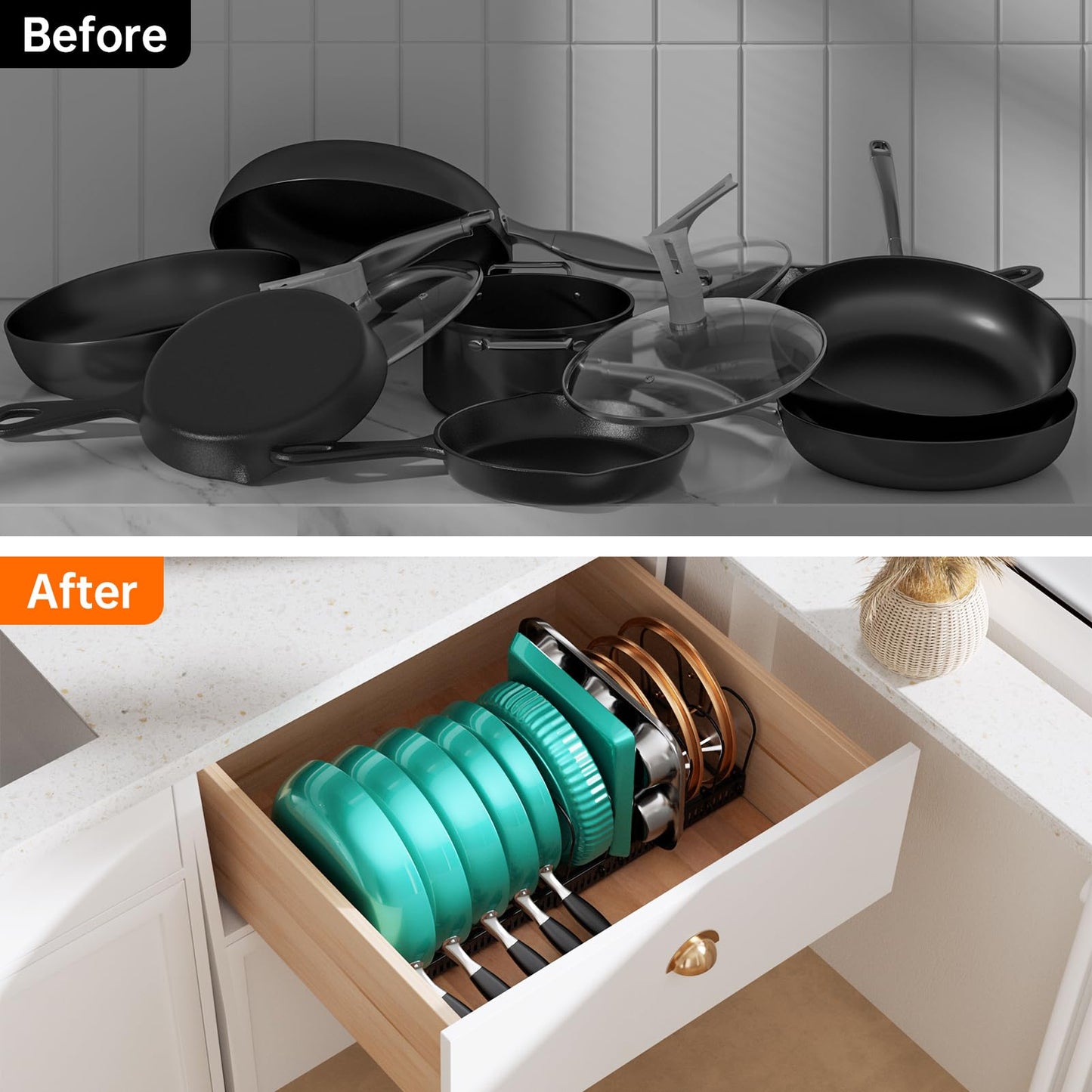 MUDEELA Expandable Pots and Pans Organizer Rack under Cabinet, Pots Lid Organizer Rack for Kitchen Cabinet Organizers and Storage with 12 Adjustable Dividers Cutting Board Holder & Anti-Scratch Strips