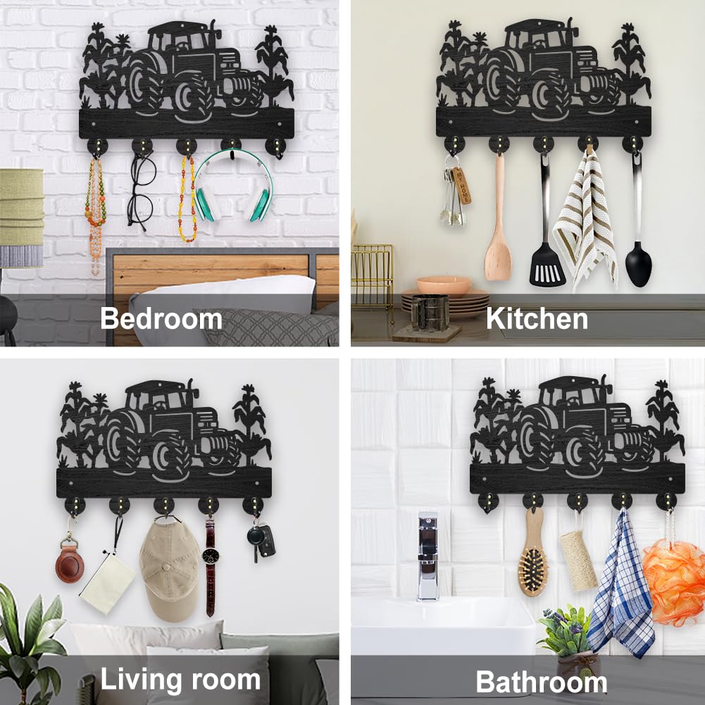 MAYJOYDIY Wooden Tractor Corn Field Coat Hooks Farm Vehicle Crops Key Holder for Wall 11.8×7.9inch Decorative Gift Wall Key Rack Organizer 5 Alloy Hooks for Farmhouse Kitchen Entryway