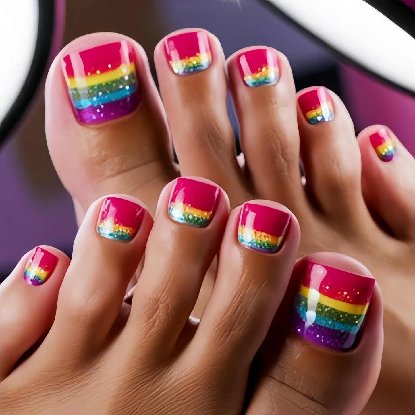 Rainbow Press on Toenails Short Square Fake Toe Nails Press ons Colorful Stripes Design False Toenails Glossy Glue on Toe Nails Spring Summer Acrylic Toenails for Coquette Women 24Pcs