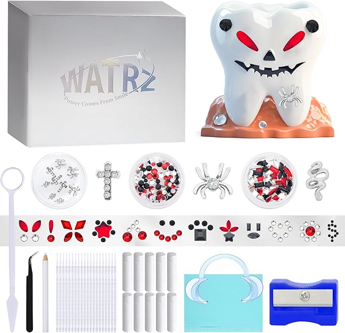 WATRZ Teeth Gem Kit,Tooth Gems Kit for Teeth DIY Crystals Tooth gem Jewel for Girls Y2K Fashionable Butterfly Love Cross Spider for Boys Harmless (Black)