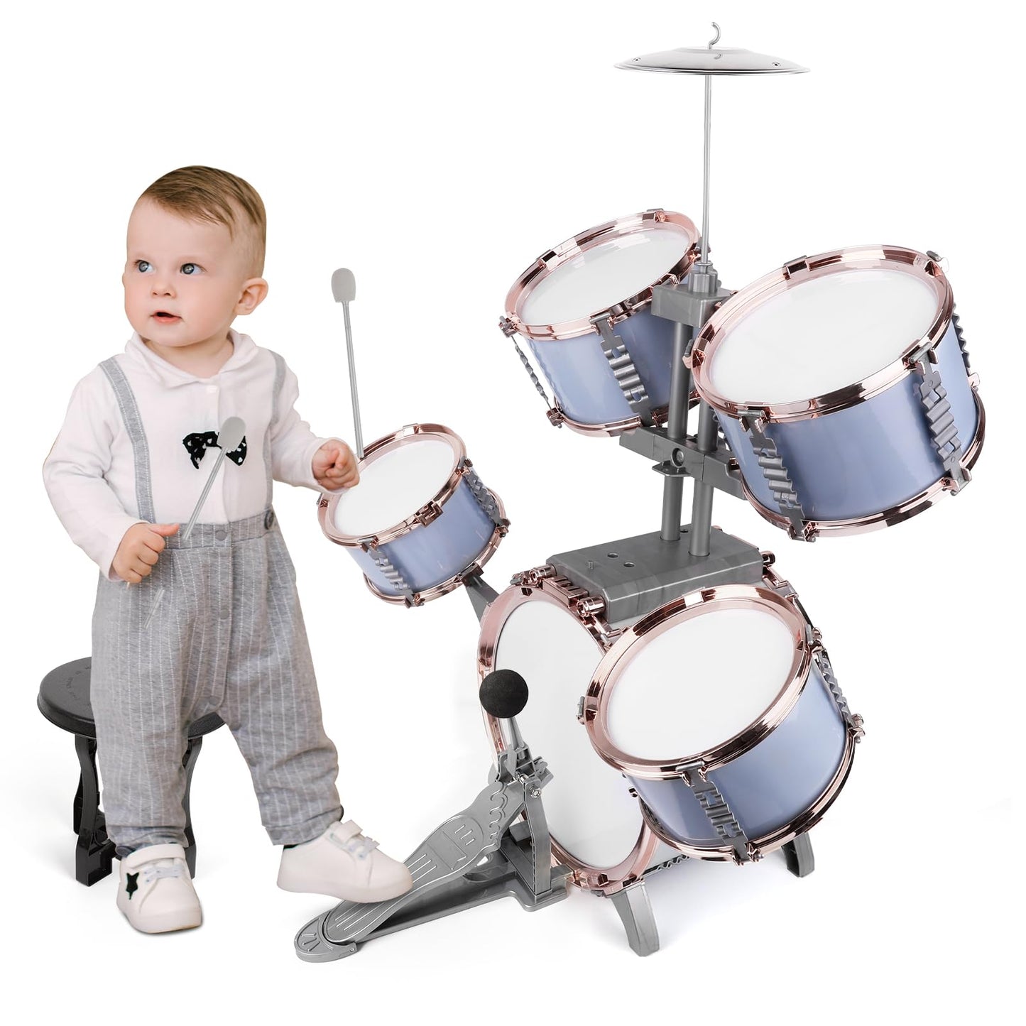 M SANMERSEN Kids Jazz Drum Set - 5 Drums with Stool - Rock Jazz Drum Kit - Musical Enlightenment Educational Toys Gift for Boys Girls