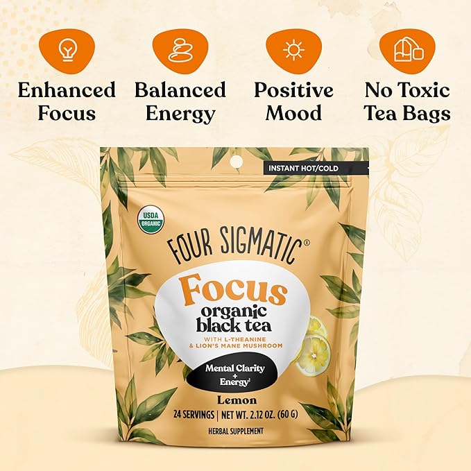 Four Sigmatic Think Organic Black Tea | Instant Lemon Tea w/Lion's Mane & L-Theanine for Mental Clarity & Focus | Organic Herbal Teas w/Adaptogens | Vegan, Gluten-Free | Lemon, 24 Servings