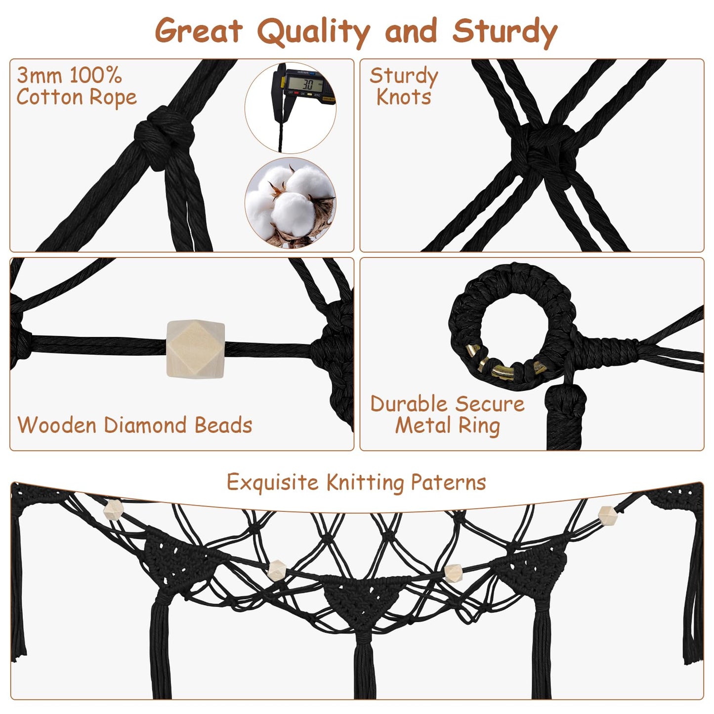 Stuffed Animal Storage Hammock Corner, 57 Inch Large No Drilling Handcrafted Stuffed Animal Net, Natural 100% Cotton Boho Macrame Toy Hammock Stuffed Animal Organizer for Kid Room Nursery Decor(Black)