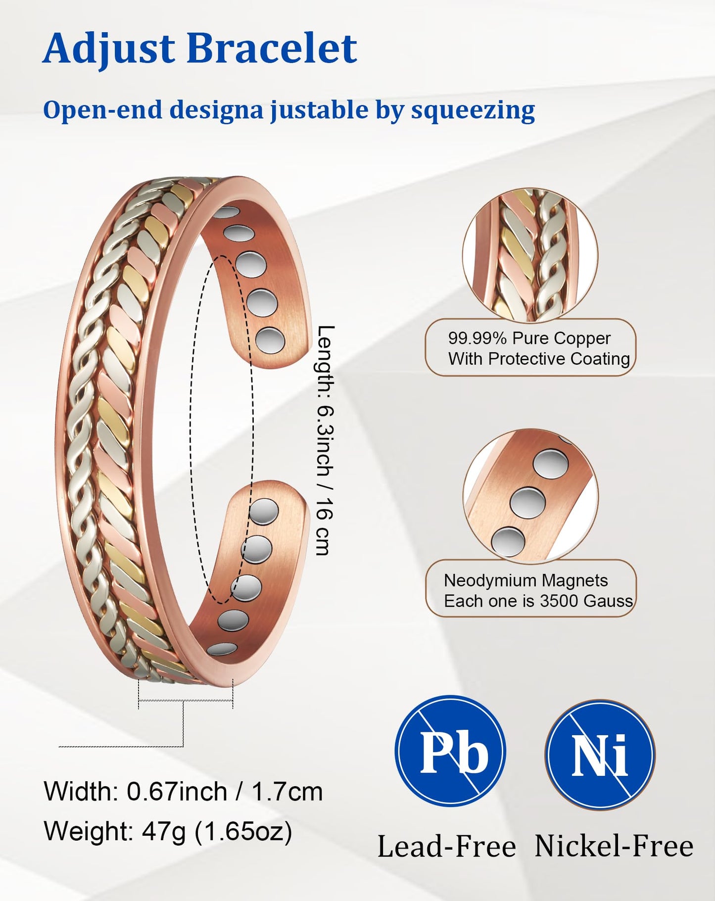 MagSølv Copper Magnetic Bracelets, 99% Pure Copper Bracelet Adjustable for Men & Women with 3500 Gauss, Tricolor Gold Jewelry Gift