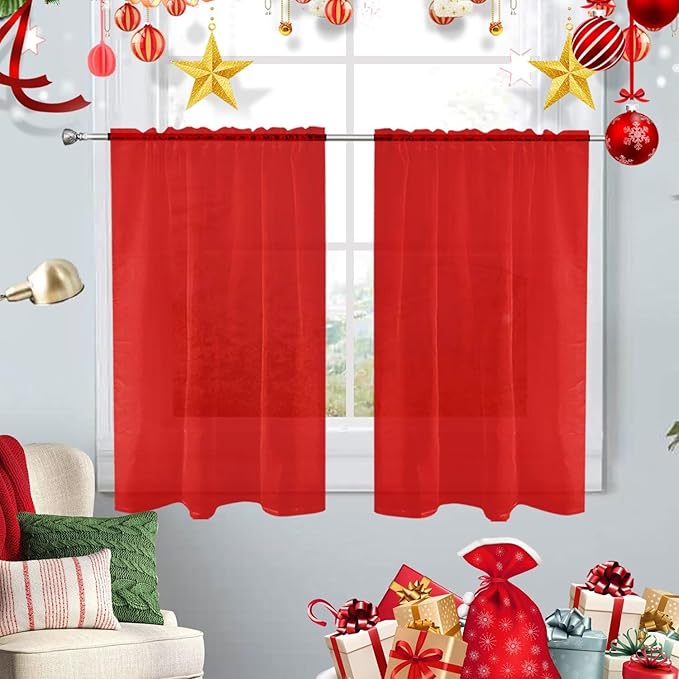 SpaceDresser Basic Rod Pocket Sheer Voile Window Curtain Panels Red 1 Pair 2 Panels 26 Width 30 Inch Long for Kitchen Bedroom Children Living Room Yard（Red，26Wx 30L）