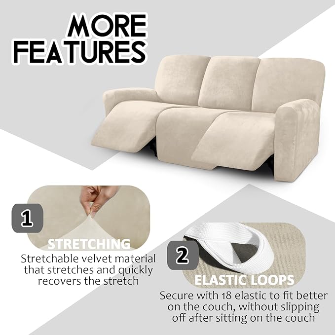 ULTICOR Velvet 8-Pieces Recliner Sofa Covers Stretch Reclining Couch Covers for 3 Cushion Reclining Sofa Slipcovers Furniture Covers Thick Soft Washable (3 Seater Recliner Cover, White)