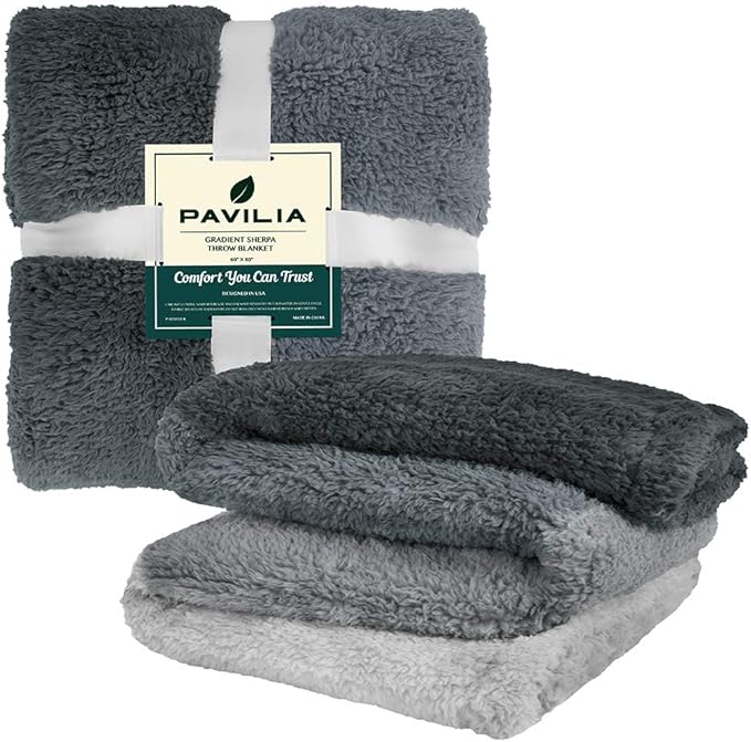 PAVILIA Sherpa Ombre Throw Blanket for Couch | Fuzzy Plush Cozy Microfiber Fleece Couch Blanket | Gradient Decorative Accent Throw | 60x80 Inches Charcoal Grey