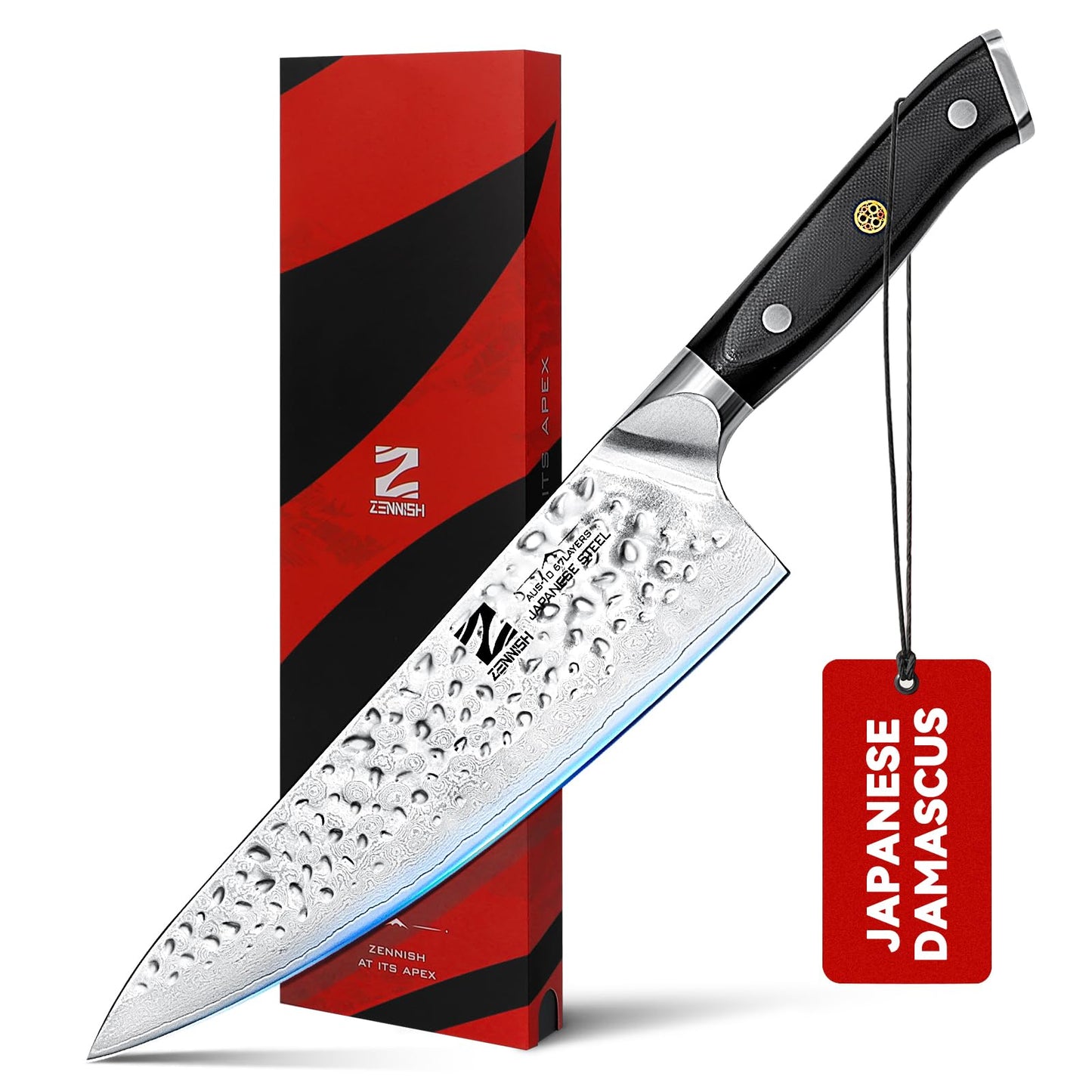 【Chef Choice】 8 Inch Damascus Chef Knife, Anti-Stick Hammered Blade, Japanese AUS-10 67-Layer Kitchen Knife, Ergonomic G10 Handle, Professional Meat & Vegetable Cooking Knife, Gift Box
