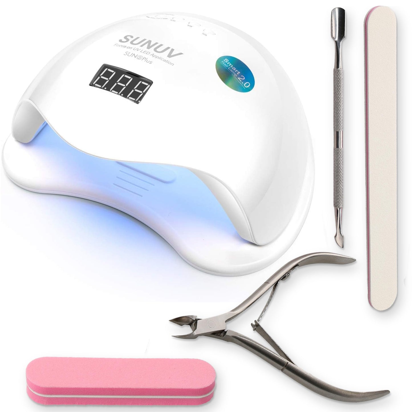 SUNUV UV LED Nail Lamp with 4PCS Cuticle Nippers, Cuticle Pusher with Nail File and Buffer Set, Professional Stainless Steel Durable Pedicure Manicure Nail Care Tools