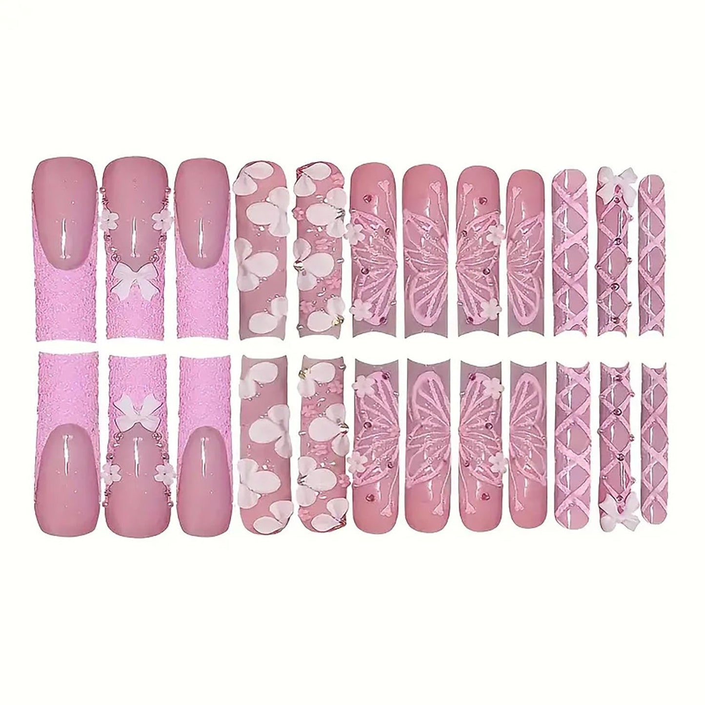 FIEONCIY Press on Nails Coffin Long Length Acrylic Glossy Full Cover Square Shaped French False Nails with Designs Artificial Extra Long Fake Nails with Charms Glue ons Fingernails for Women(CC31)