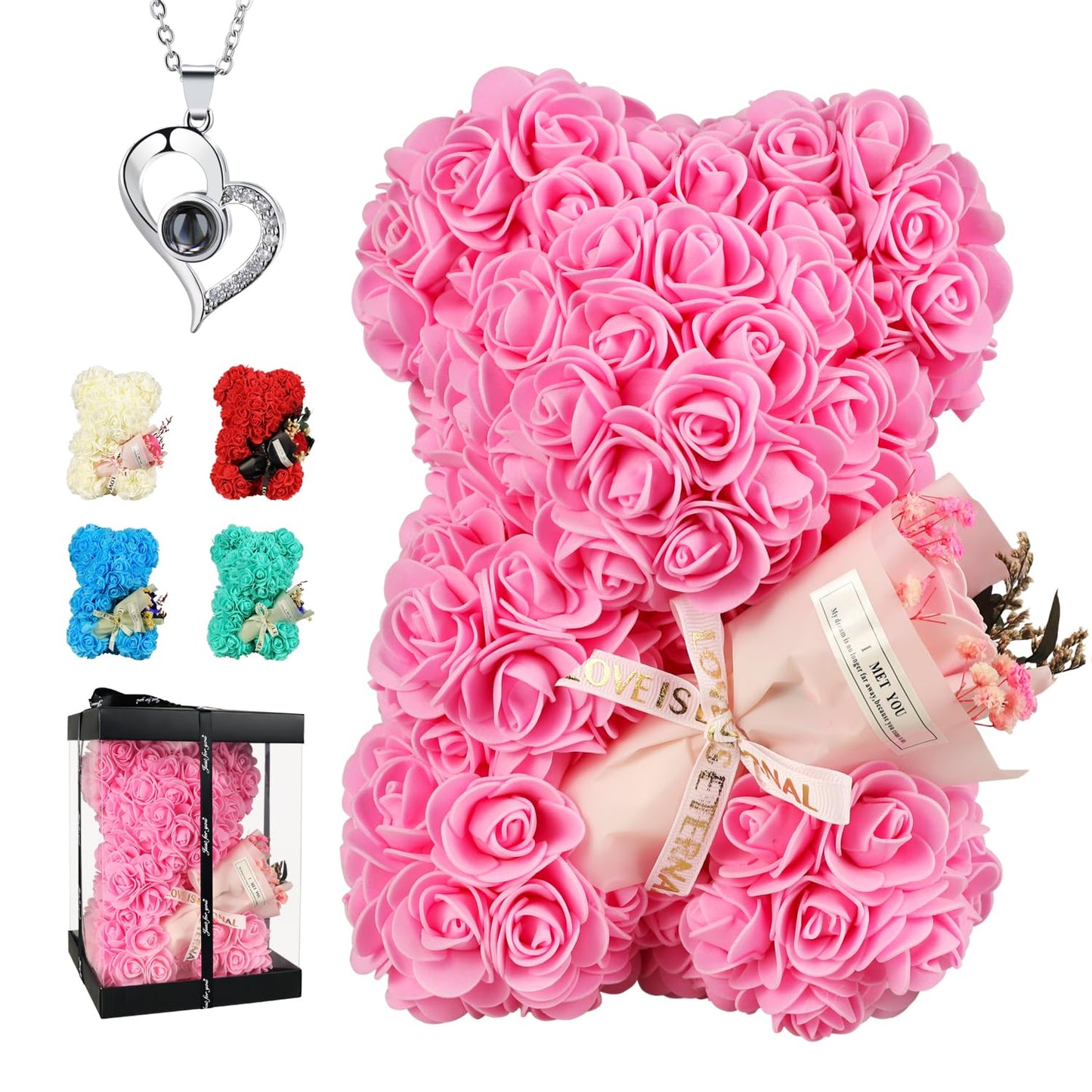 K KYMAKE Mothers Day Rose Gifts for Mom Rose Bear Pink Teddy Bear Birthday Gifts for Women Wife Daughter Girlfriend,Flower Bear with Rose Bouquet and I Love You Necklace