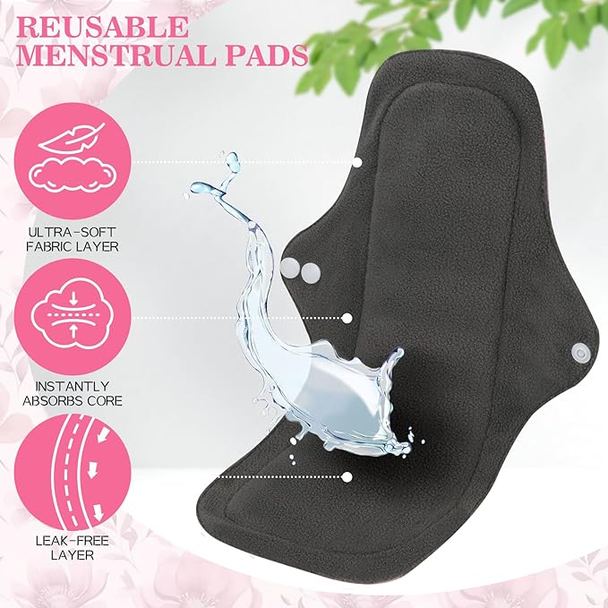 PHOGARY 7 Pack Reusable Menstrual Pads Large Sanitary Pads Set for Heavy Flow with 1 Wet Bag, Washable Overnight Cloth Panty Liners with Wings for Women, 33cm