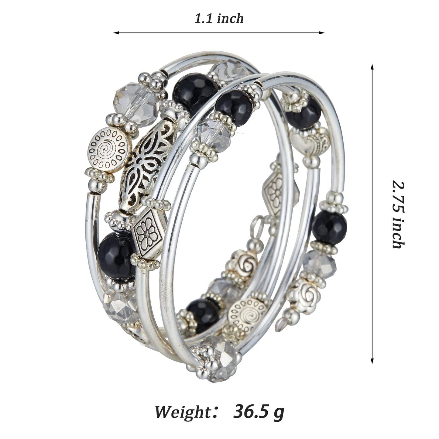 FULU AUTUMN Stackable Beaded Bracelets for Women Boho Wrap Silver Bracelet Layered Fashion Jewelry Gifts for Her(Black grey)