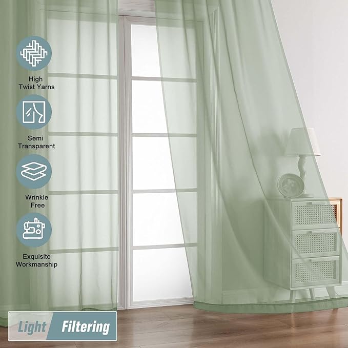 Extra Wide Sheer Sage Green Curtains 84 Inches Long 2 Panels, Soft Airy Transparent Light Filtering Elegant Patio Curtains for Sliding Glass Door, Top Dual Rod Pocket Design, 2x59Wx84L Inches