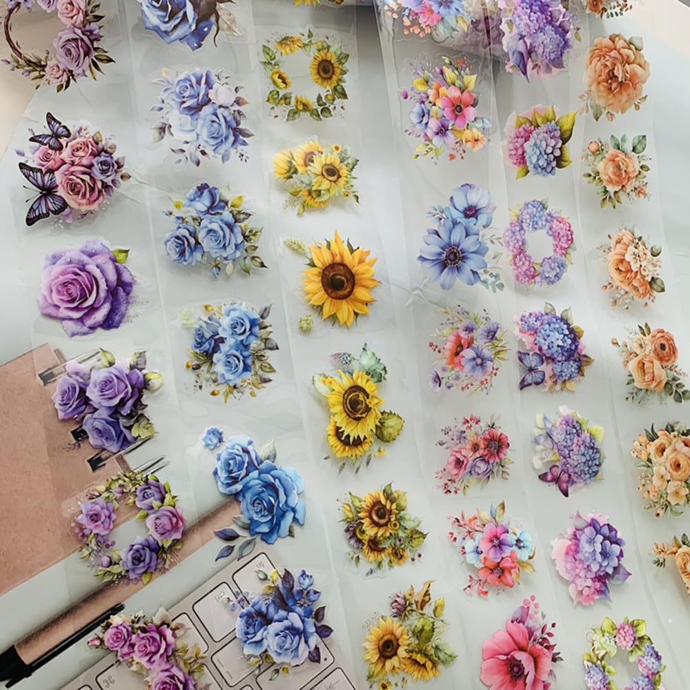 Koolemon 6Rolls Pre-Cut Floral Tape, Decorative Tape PET Flower Stickers for Crafts Journaling Scrapbook Supplies