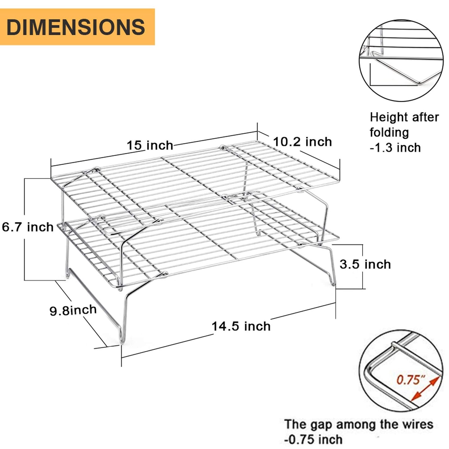 P&P CHEF Cooling Rack Set of 2, 2-Tier Stackable Stainless Steel Wire Racks for Baking Cooking Cooling Roasting, Collapsible & Heavy Duty, Oven Safe & Easy Clean, 15" x 10", Silver