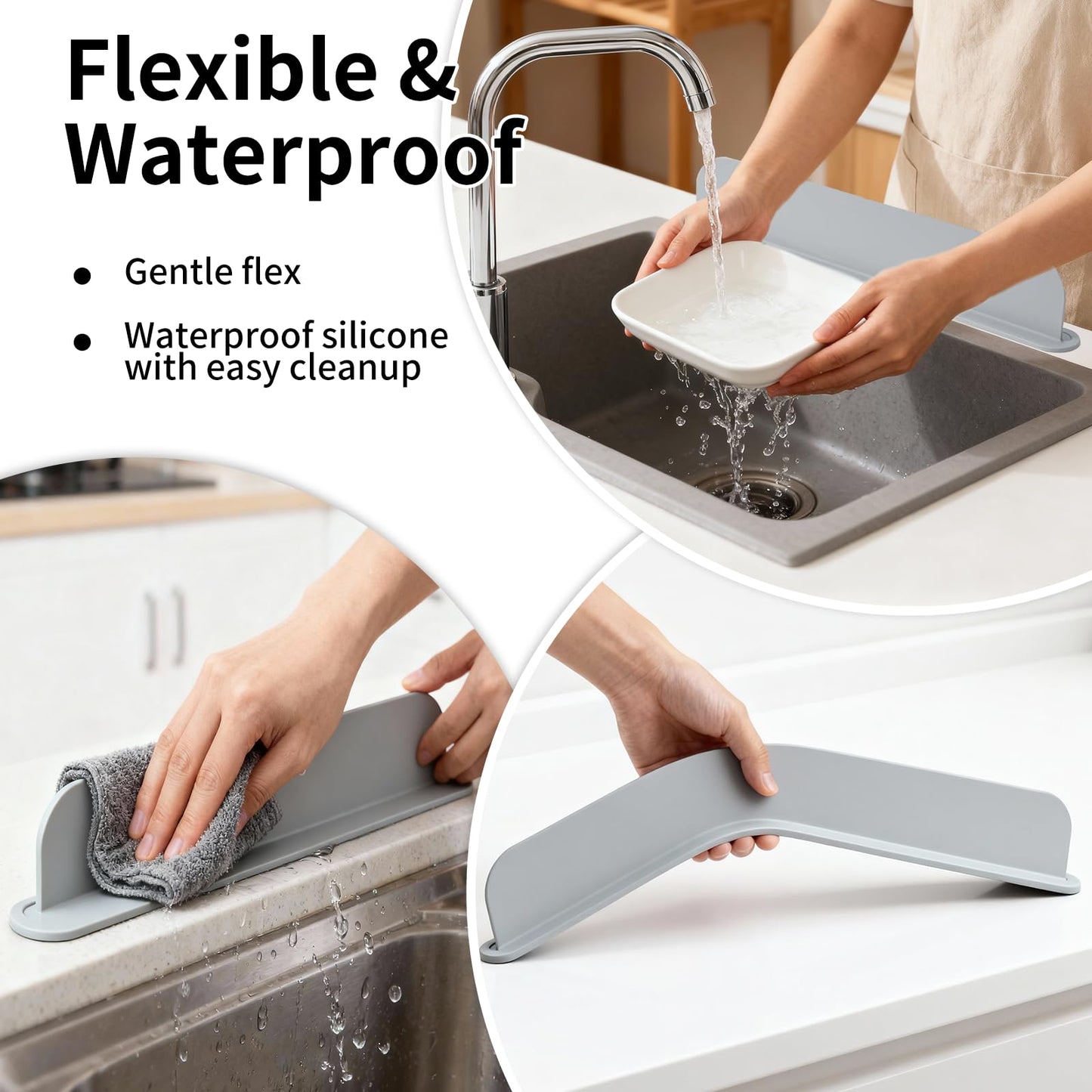 19.2inch(49cm) Silicone Sink Splash Guard, Sink Splash Guard with Suction Cup,Kitchen Sink Water Splash Guard, Kitchen Sink Splash Guard that Can Be Placed Behind (1, Gray)