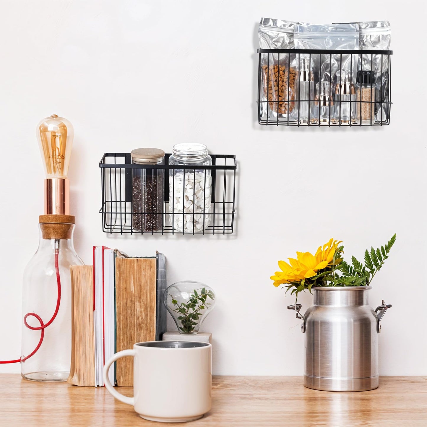 Lemecima 2 Pack Magnetic Basket Organizer Shelf Rack for Refrigerator Peg Board Office File Foil Plastic Food Wrap Spice Pegboard Holder