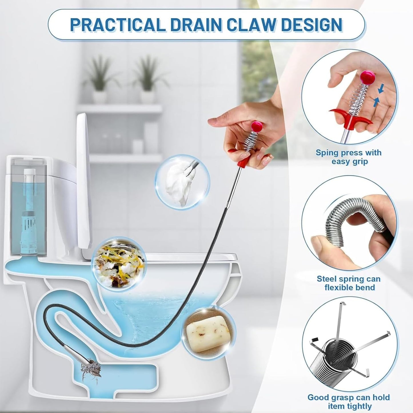 Drain Snake，116" Flexible Grabber Claw Tool Reacher Drain Snake Hair Drain Clog Remover for Toilet Sewer Shower Kitchen Bathroom Tub Clogged Drains Opener Cleaning Tool