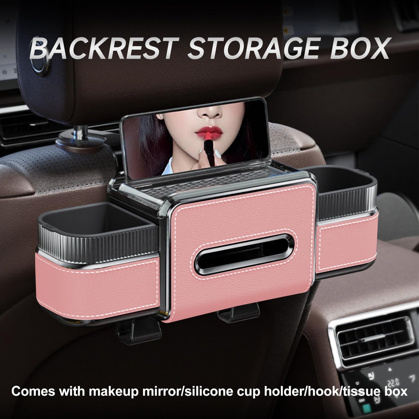 Multifunctional Car Seat Back Organizer Box with Drink Cup Holder, Makeup Mirror, Tissue Box& Hooks for Car Seat Back, New Upgrade Car Headrest Backseat Organizer Suitability for Wife, Girlfriend