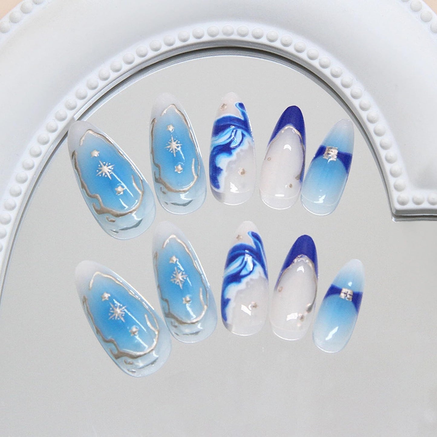 MISUD Press on Nails - Medium Almond Fake Nails with Summer Beach Acrylic Blue Ombre Design 24 pcs