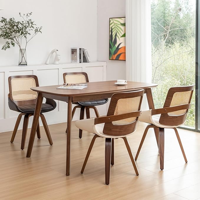 Set of 2 Swivel Rattan Dining Chairs - Walnut Dining Chairs with Bentwood Frame with Ergonomic Cane Back, Curved Arms, MCM Ideal for Kitchen/Conference/Restaurant/Living Room (Walnut Beige)
