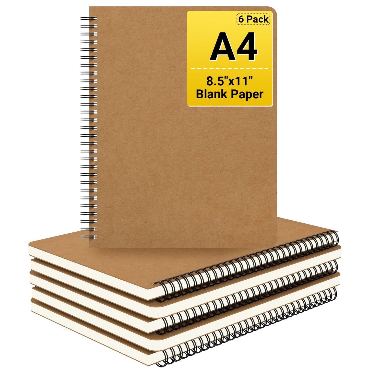 EUSOAR Spiral Journaling Notebooks, A4 6 Packs 8.5"x 11" 120 Pages Hardcover Spiral Blank Notebook, Blank Journal Unlined Notebooks Bulk for Student Office School Diary Drawing Writing-Brown