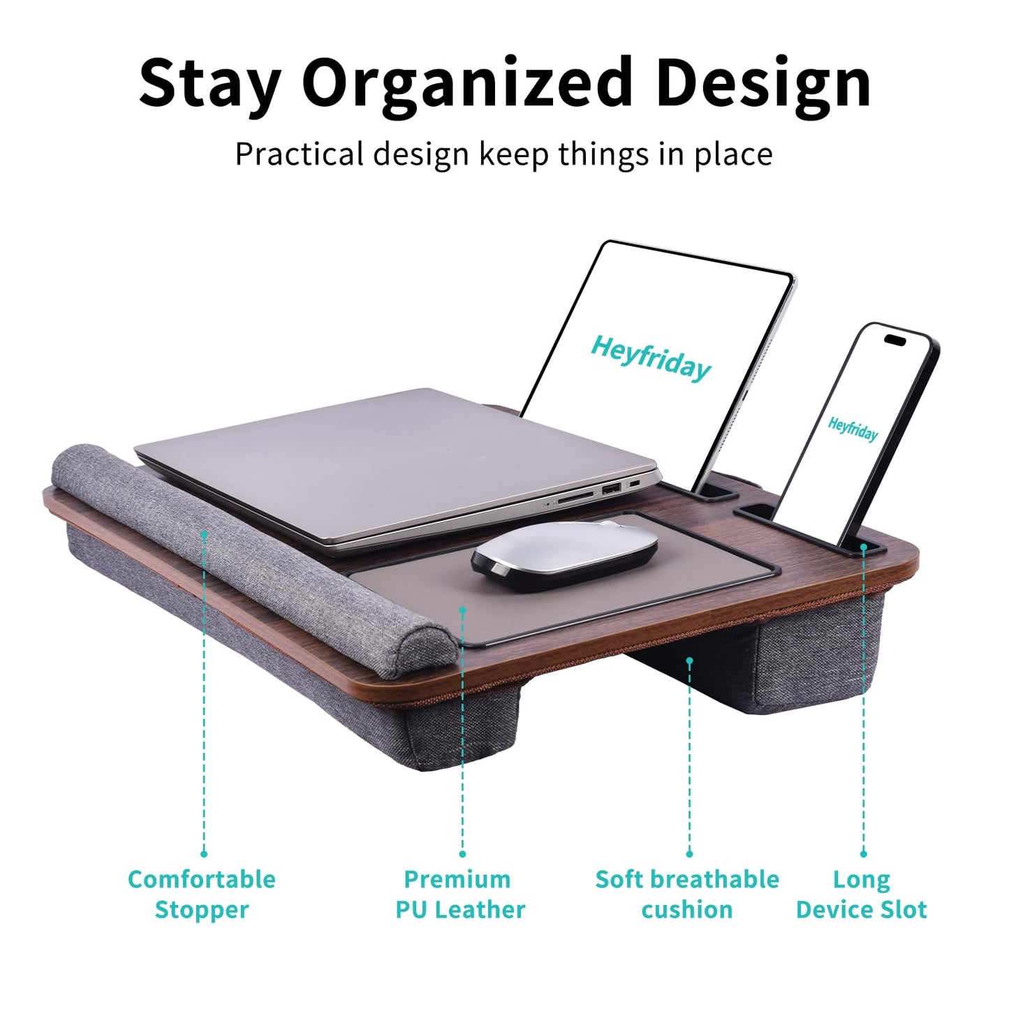 Heyfriday Home Office Lap Desk with Wrist Rest Wrist Rest, Mouse Pad, and Phone Holder Large Laptop Bed Desk for Notebook, Laptop, Tablet, Lap Stand Fits Up to 17 Inch Laptops (Brown)