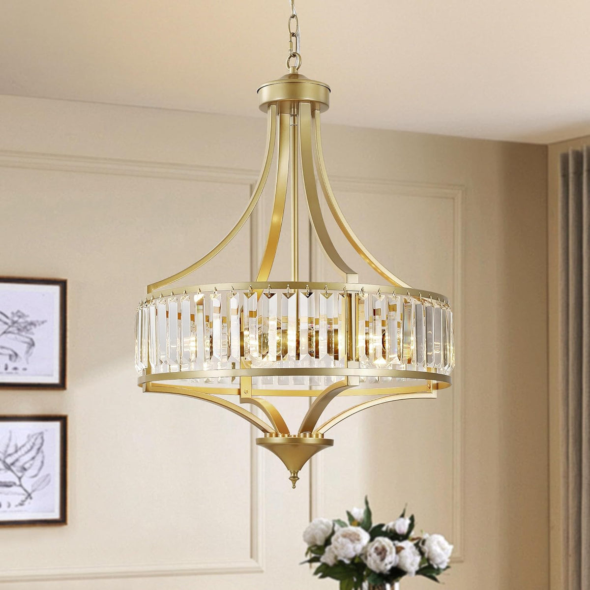 20" Modern Crystal Chandelier, 5-Light Gold Dinning Room Light Fixtures Over Table, Hanging Round Pendant Chandelier for Kitchen Island Entryway Bedroom Office Bathroom Stairwell