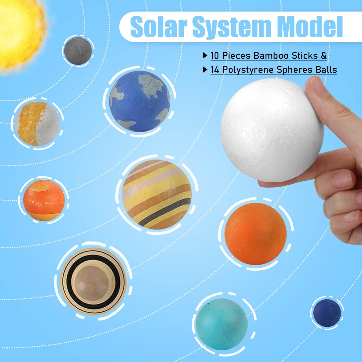 Fansunta 24PCS Solar System Model Foam Ball Project Kit, Planet Model Crafts Includes 14 Sized Polystyrene Spheres Balls, 9.5" Bamboo Sticks for School Science Projects