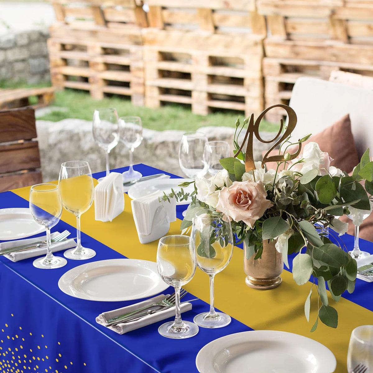 12Pcs Blue Gold Tablecloth Party Decorations,Plastic Royal Blue Table Cloth Printed Gold Tables Runner Disposable Rectangle Table Cover for Birthday Anniversary Wedding Graduation Party,54 x108 Inch