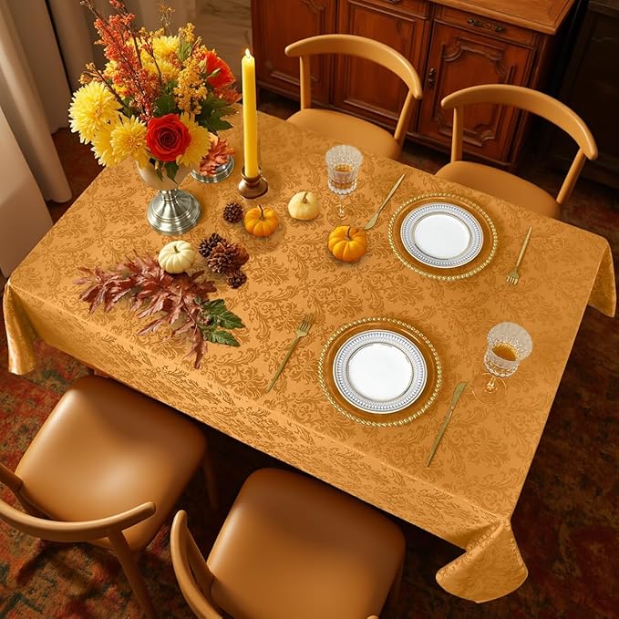 SASTYBALE Square Thanksgiving Tablecloth Washable Spill Proof Wrinkle Resistant Damask Table Cloth, Soft Polyester Table Cover for Kitchen Parties Farmhouse, Amber 52×52 Inch