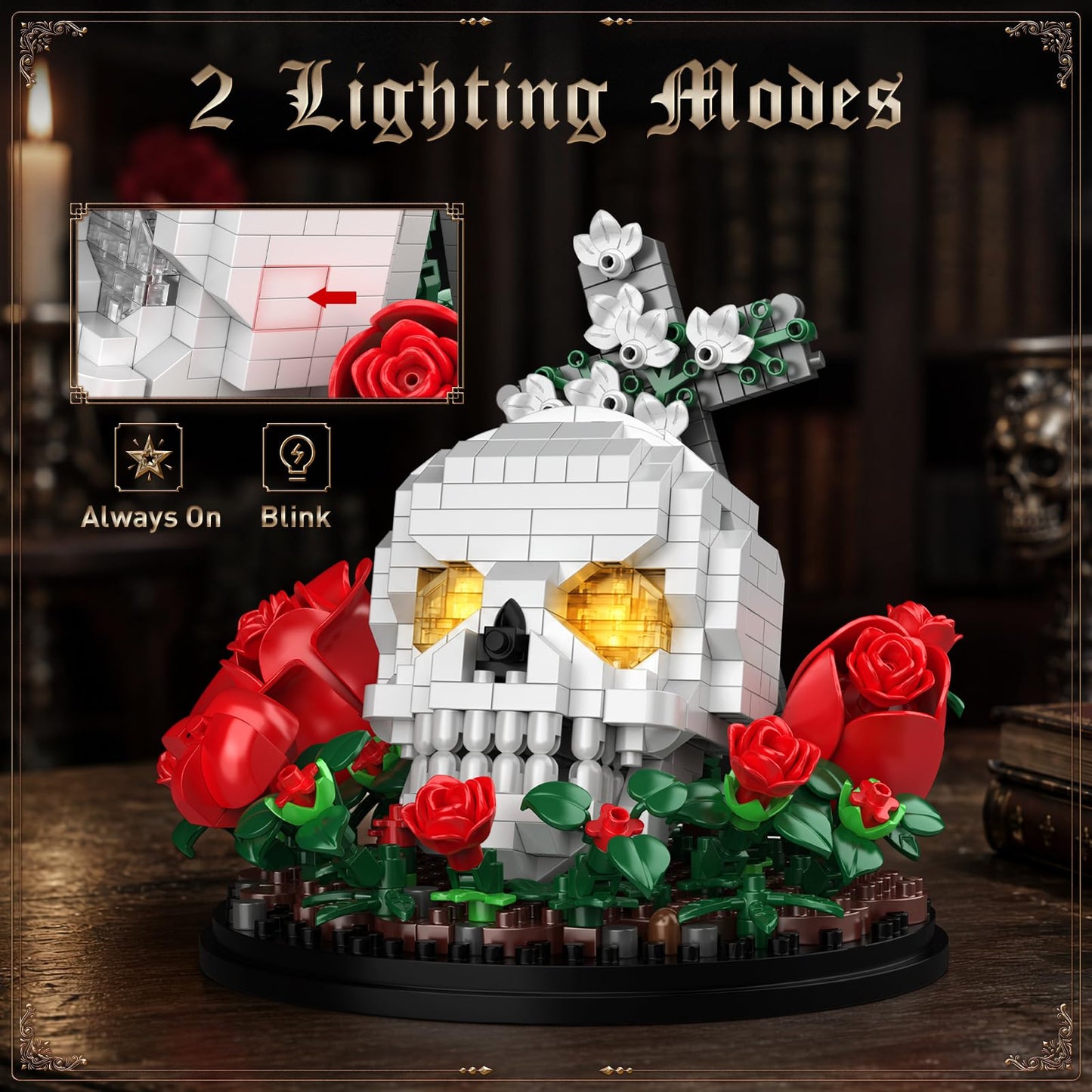 Vziimo Skull & Flowers Building Set, Gothic Skull Roses Micro Building Blocks Decor Model Kit with Cross, Horror Gifts for Adults, Teens Age 14+, Gothic Art Fans (582 PCS)