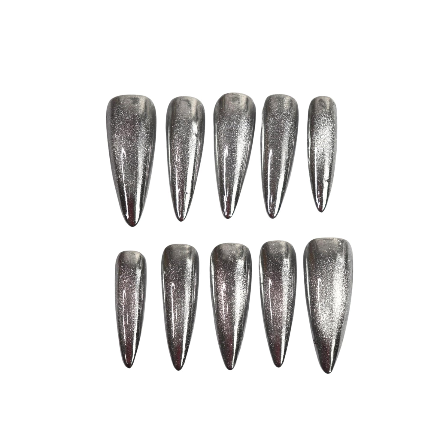 Handmade Medium Stilleto Magnetic Cat Eye Press-On Nails – Chrome Finish (Gold, Ruby Red, or Silver) | Reusable Glossy Gel Look | Instant Manicure (Silver Mirror Cat Eye, M medium Stiletto)