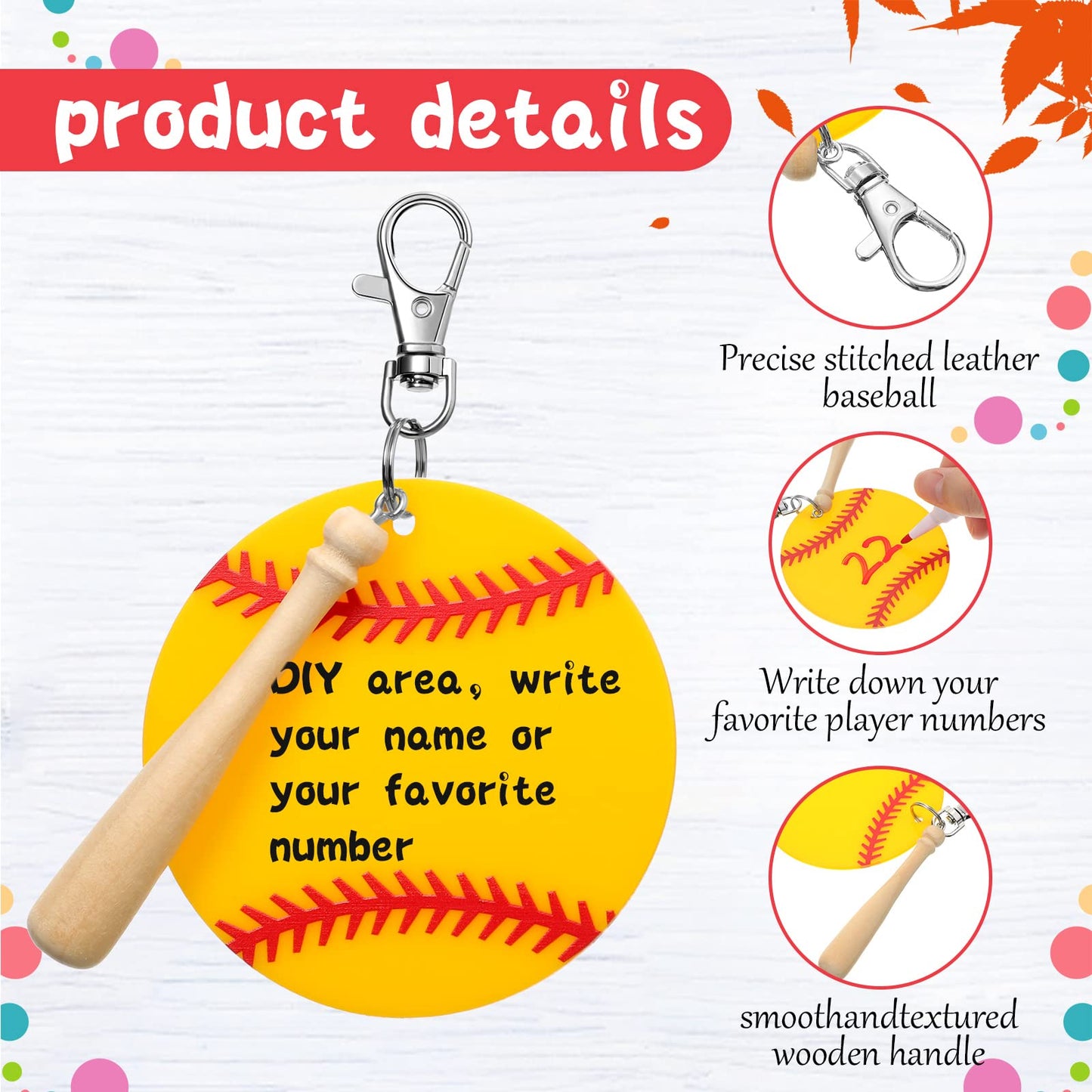 Cunno 36 Pcs Basketball Baseball Softball Tennis Acrylic Keychain Blank Kit 12 Acrylic Keyring 12 Swivel Snap Hook Keychain(Yellow Baseball, 3 Inch)