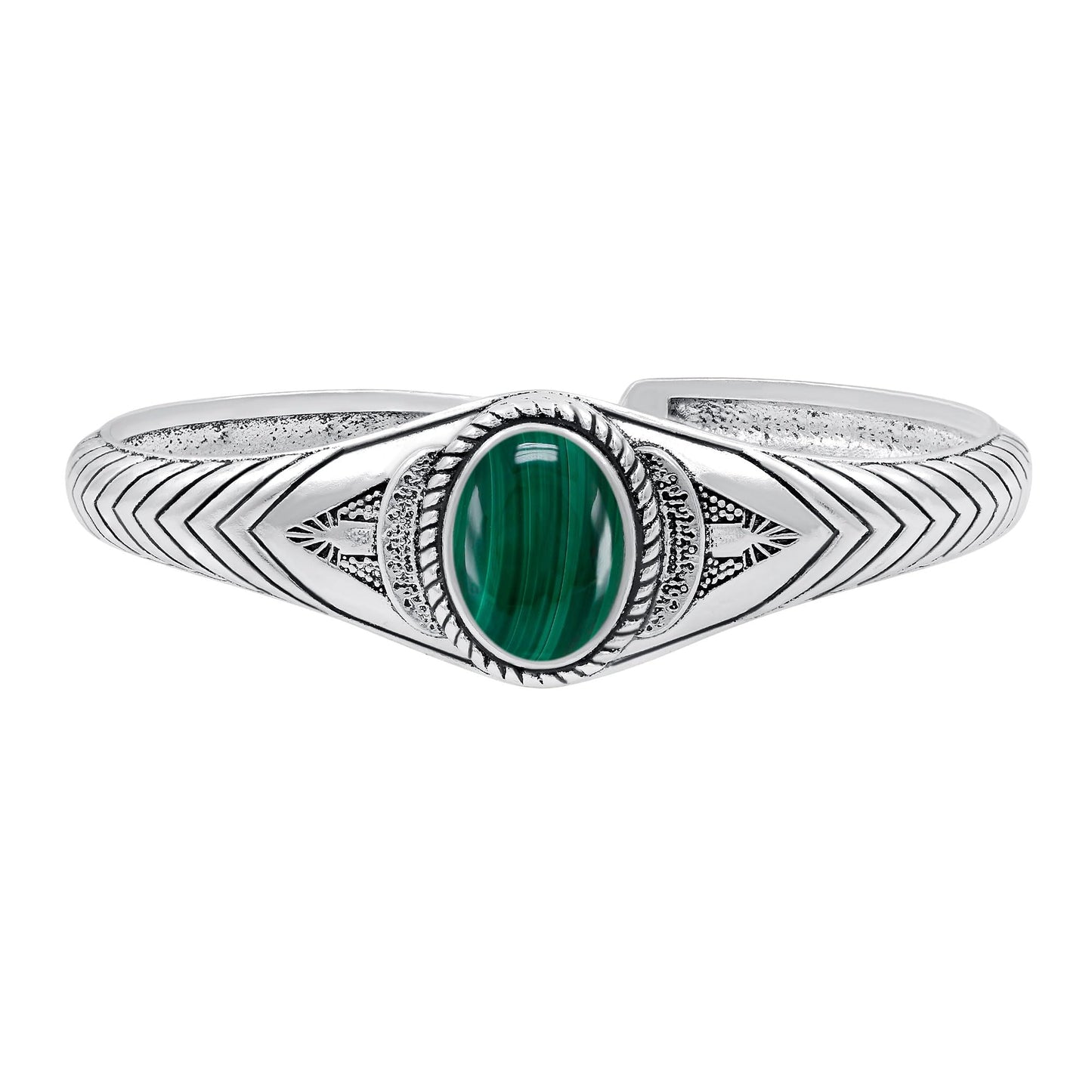 Malachite Cuff Bangle Bracelet for Men Women – Handmade 925 Silver Plated Adjustable Boho Jewelry – Natural Gemstone April Birthstone Bangle – Elegant Gifts for Birthday Anniversary