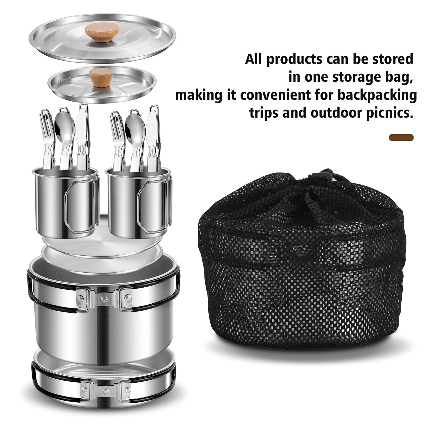 13Pcs Outdoor Camping Cookware Set, Lightweight Pot Pan with Stainless Steel Fork Spoon Kits、Cups and Plate, Perfect for Camping Trips and Climbing