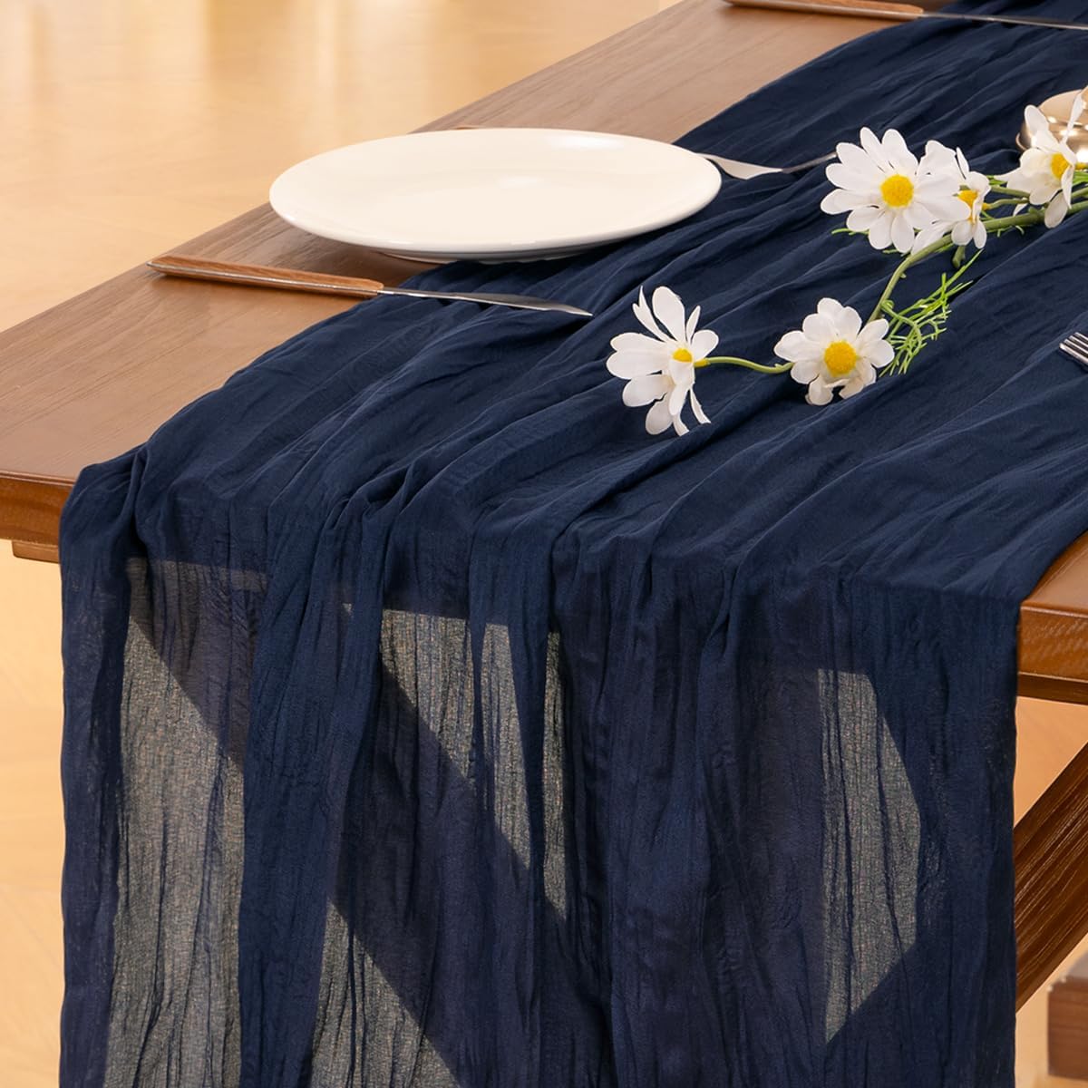 Socomi 10pcs Navy Blue Fall Thanksgiving Cheesecloth Table Runner Boho Rustic Gauze 120 inch 10FT Cheese Cloth Runner for Wedding Party Baby Shower Birthday Home Decor Holiday Decorations