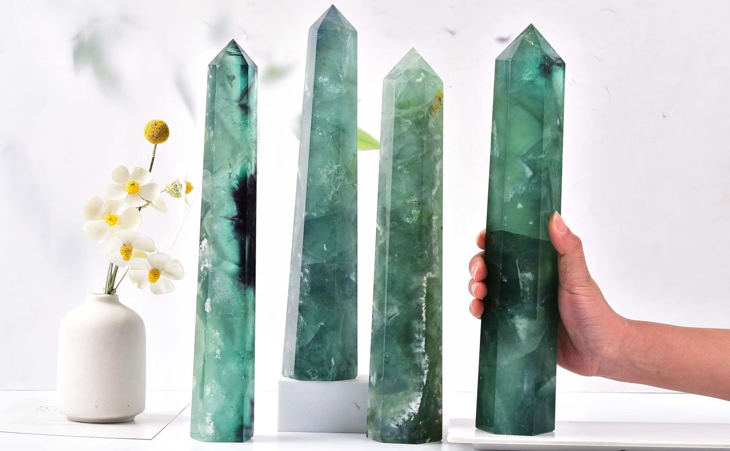 AMOYSTONE Extra Large Healing Crystal Obelisk Towers Green Fluorite Point Wand Home Decor Reiki Healing 2.2-2.6LBS