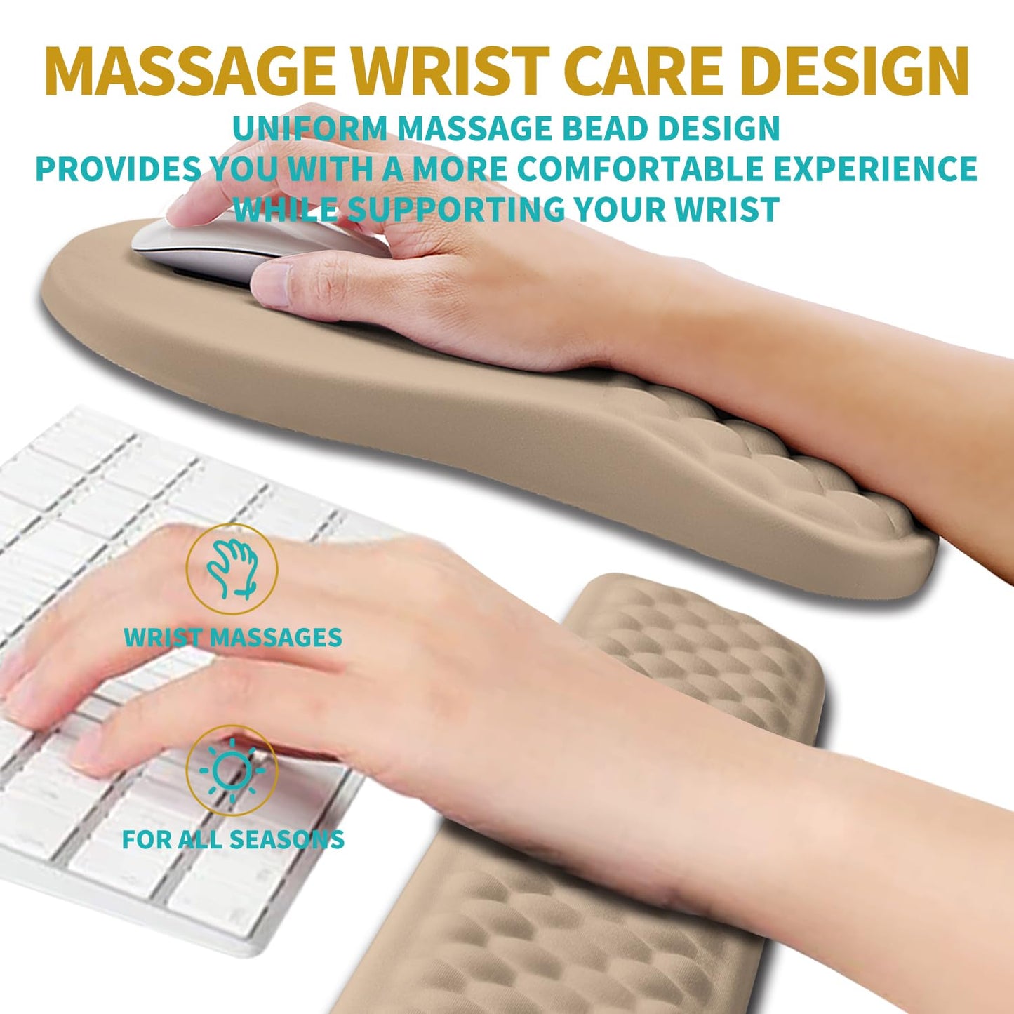 Hokafenle 2 in 1 Ergonomic Mouse Pad Wrist Support & Wrist Rest for Computer Keyboard Set, with Relieve Carpal Tunnel Pain Massage Bulge and Full Memory Gel Design (2In1 Set, Sand Color)
