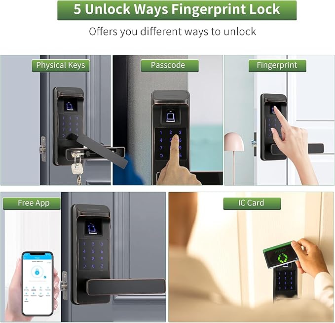 Harfo Smart Door Lock, Heavy Duty 5 in 1 Keyless Entry Door Lock, Full App Control Digital Keypad Lock, Reversible Handle with Fingerprints and Passcodes for Family/Office/Apartment (Aged Bronze)