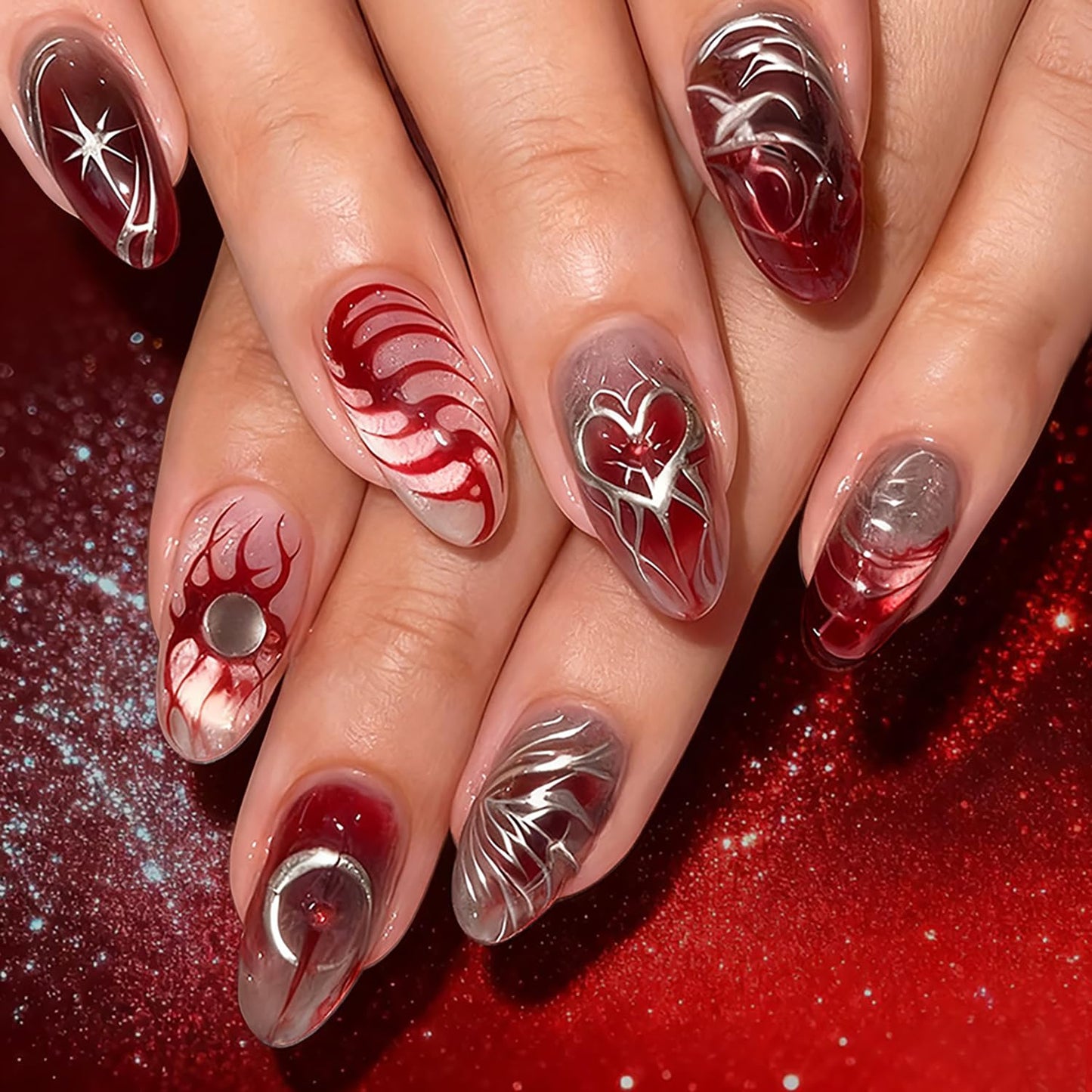 30 Pcs Mirror Press on Nails Silver Heart Moon Fake Nails Red Gradient Acrylic False Nail Medium Oval Glue on Nail for Women
