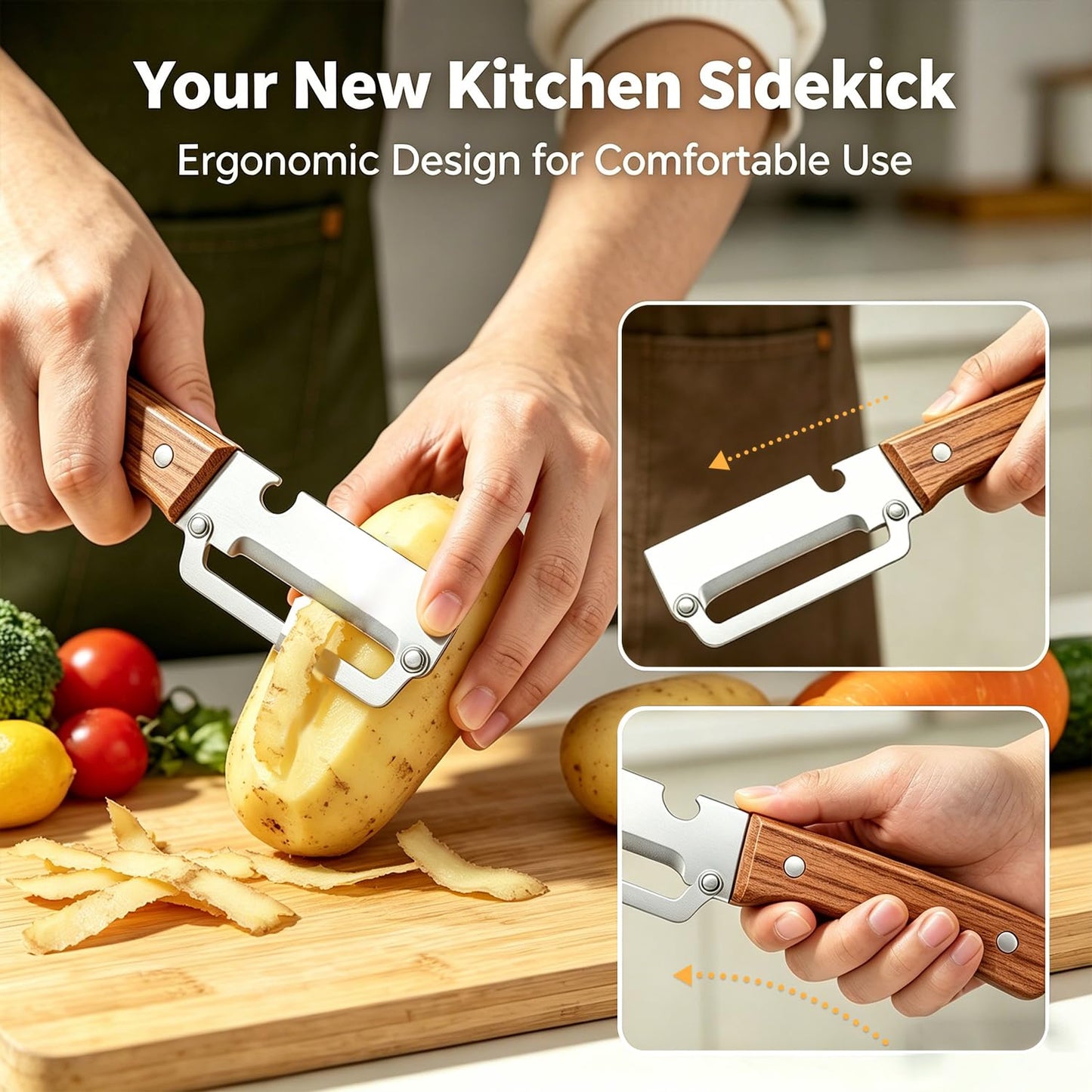 2-in-1 Multifunctional Vegetable Peeler, Premium Vegetable Peeler with Wooden Handle and Bottle Opener, Kitchen Tool for Fruit Apple Potato Pumpkin Papaya (2PCS)