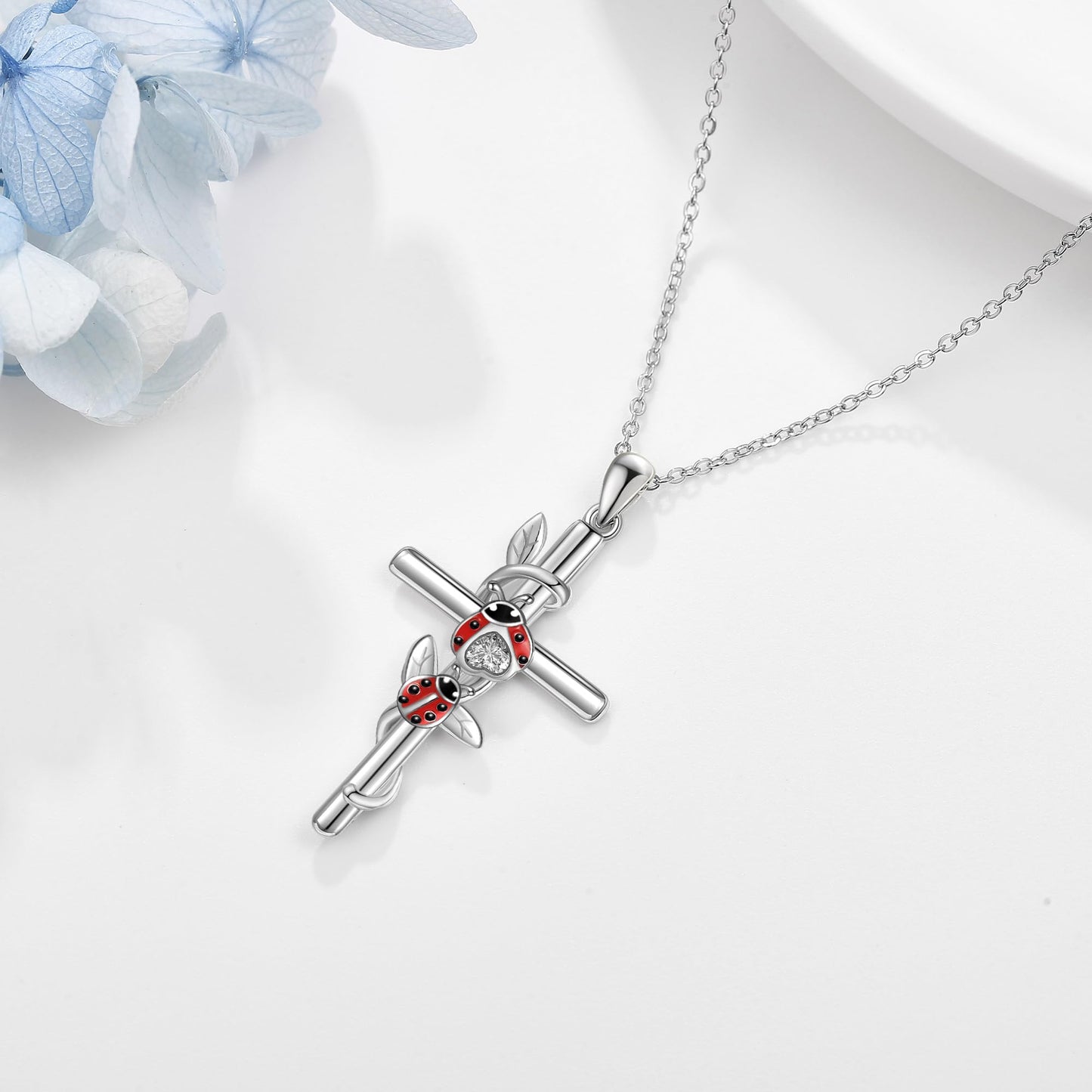 925 Sterling Silver Ladybug Pendant Necklace Cross Ladybug Jewelry for Women Gifts