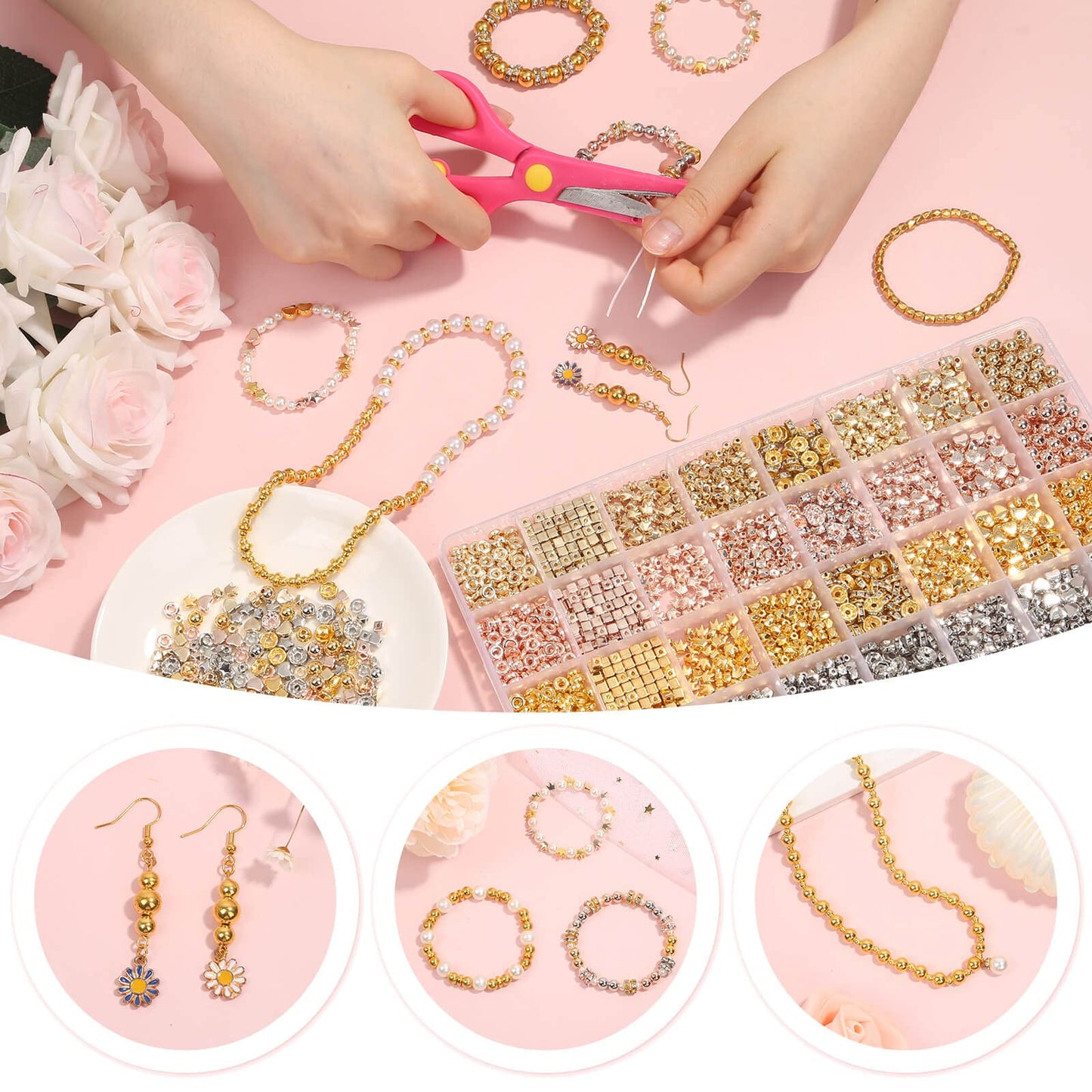selizo 2240 Pieces Spacer Beads for Jewelry Making in 8 Styles, Assorted Gold Beads for Bracelets Making, Crafts(Gold, Sliver, Rose Gold, KC Gold)