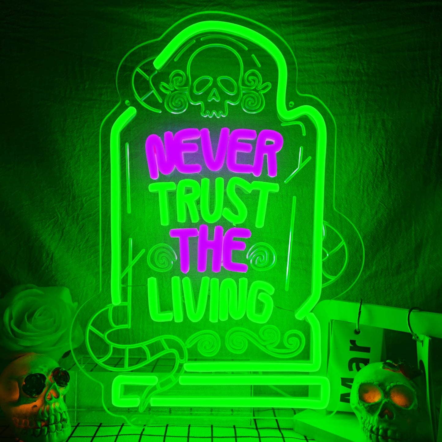 Never Trust The Living Neon Sign Led Sign for Wall Decor Dimmable USB Powered Letters Light Up Sign For Party Chamber of Secrets Script killing Terror House Man Cave Decor