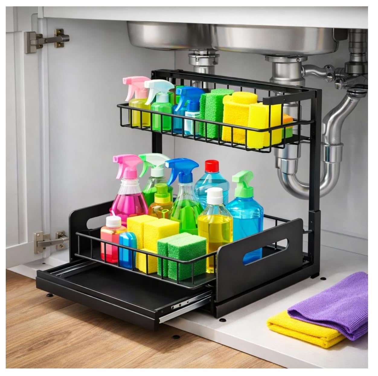 Under Sink Organizer 2 Tier Sliding Storage Rack – Carbon Steel Pull Out Cabinet Shelf for Kitchen & Bathroom, Heavy Duty Metal Under Cabinet Organizer.