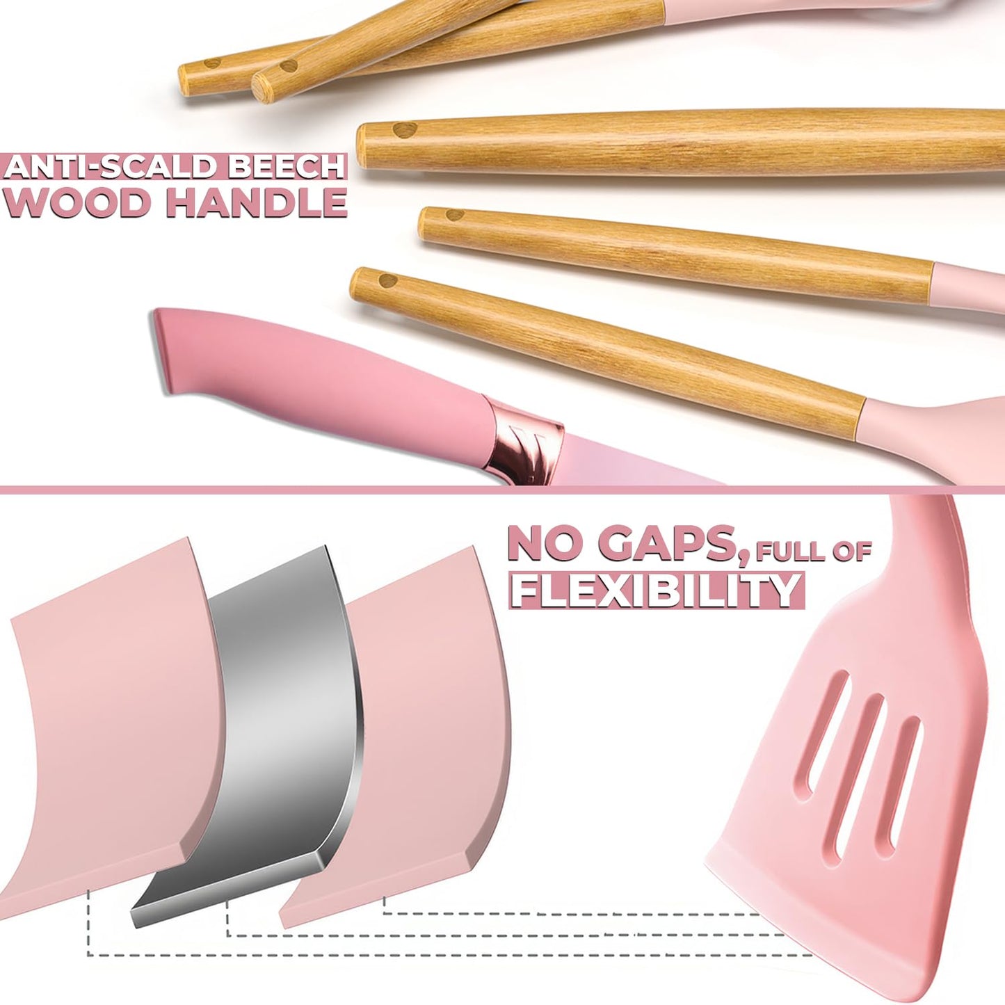 19 PCS Pink Silicone Cooking Utensils Set with Wooden Handle & Knife Set Block, Heat-Resistant Spatula, Spoon, Ladle, Whisk with Holder – BPA Free, Silicone Kitchen Utensil Set for Cooking & Baking