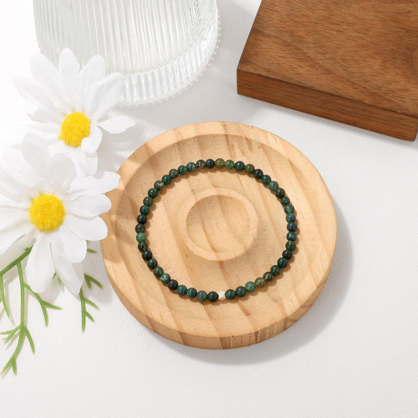 Raicegs 4MM Moss Agate Beaded Bracelets Healing Crystal Bracelet for Women Men Natural Stone Handmade Stretch Bracelet Reiki Spiritual Jewelry